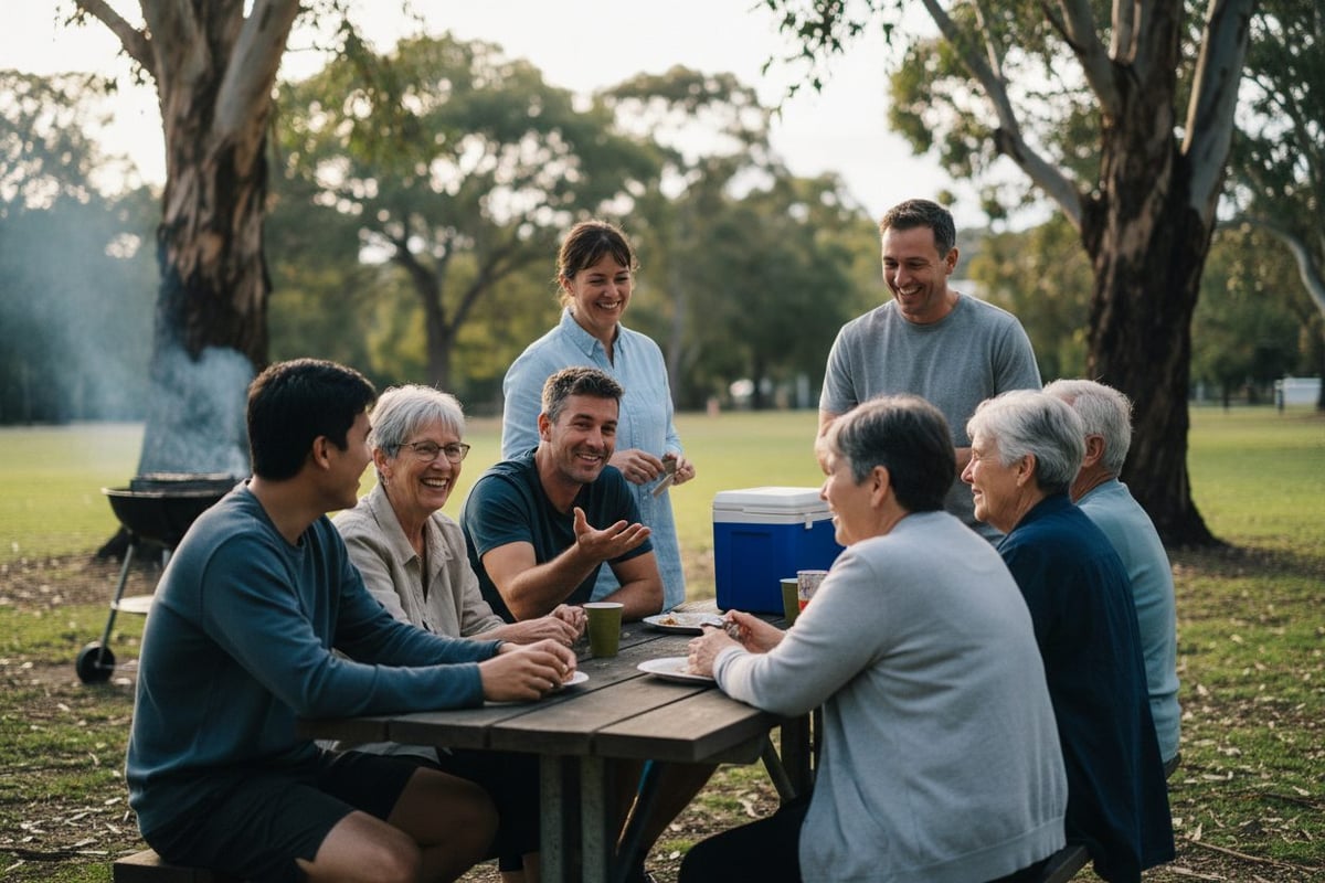 Group of everyday Australians chatting around a picnic table in a sunny park