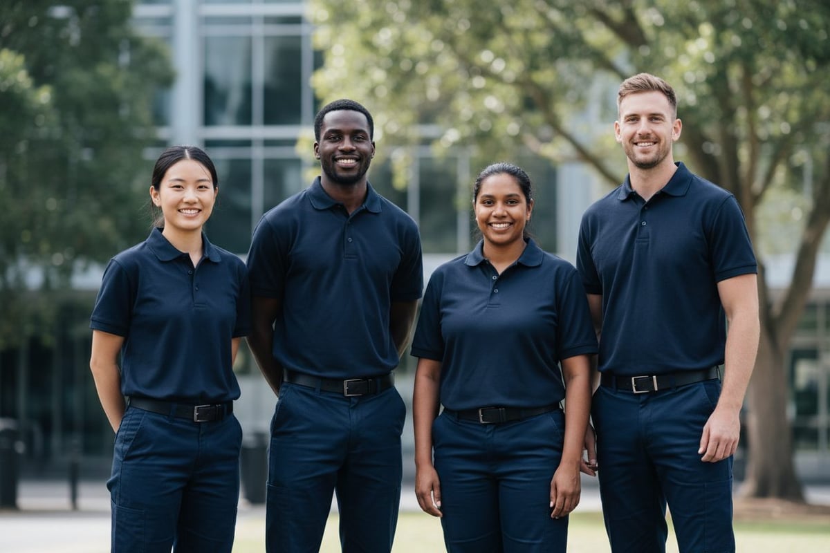 Four colleagues in plain navy work clothes standing together outdoors