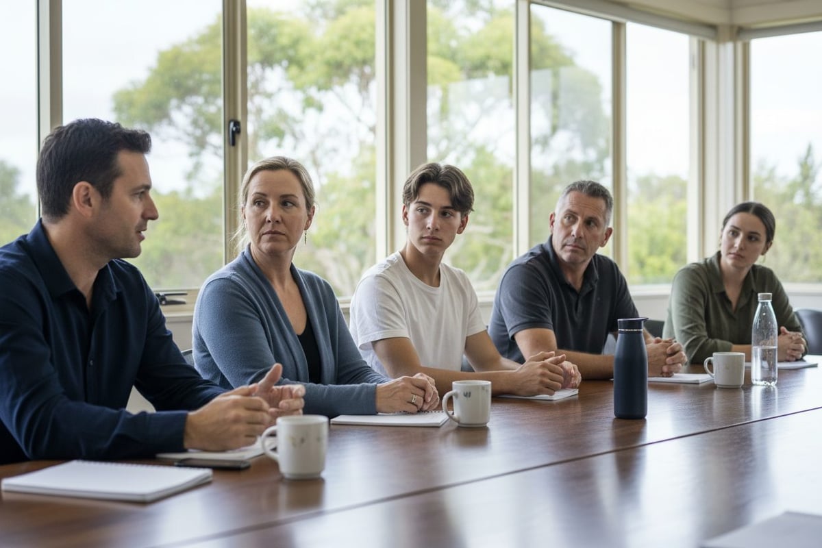 People of mixed ages around a long table in a bright meeting room, listening to a colleague speak