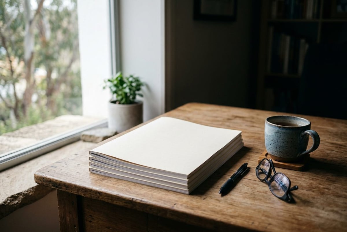 Desk by a window with bound documents, a pen, reading glasses and a mug